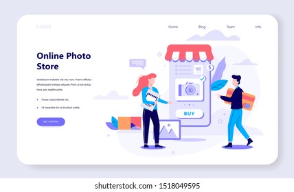 Online shopping web banner concept. E-commerce, customer on the sale. App on mobile phone. Photo store. Isolated vector illustration in flat style