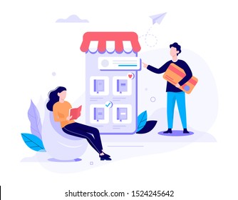 Online shopping web banner concept. E-commerce, customer on the sale. App on mobile phone. Book store. Isolated vector illustration in flat style