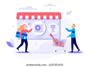 Online shopping web banner concept. E-commerce, customer on the sale. Isolated vector illustration in flat style