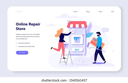 Online shopping web banner concept. E-commerce, two female and male customer choosing repair tools, paint, kit. Web page design. Internet marketing. Isolated vector illustration in flat style