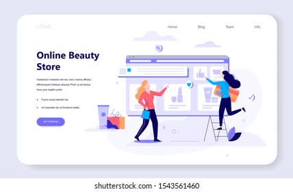 Online shopping web banner concept. E-commerce, two female customer choosing beauty products. Web page design. Internet marketing. Isolated vector illustration in flat style