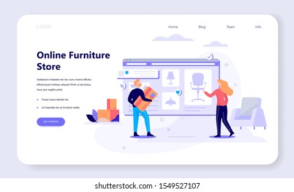 Online shopping web banner concept. E-commerce, female and male customer choosing forniture. Web page design. Internet marketing. Isolated vector illustration in flat style