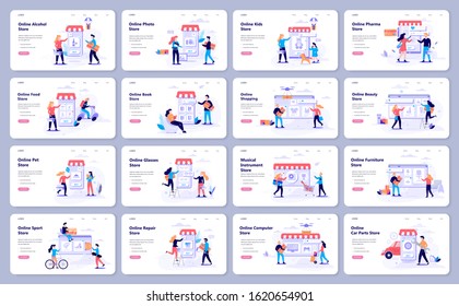 Online shopping web banner concept big set. E-commerce, customer on the sale. App on mobile phone. Online store collection. Isolated vector illustration in flat style