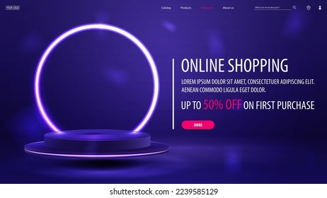 Online shopping, web banner with empty blue podium floating in the air with white neon ring on background.