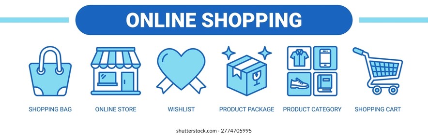 Online Shopping web banner icon vector illustration concept with icons of shopping bag, online store, wishlist, product package, product category, and shopping cart.