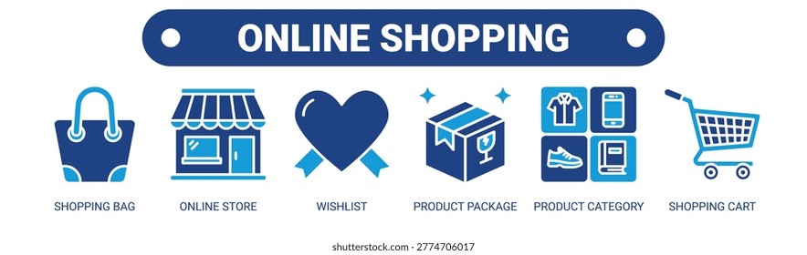 Online Shopping web banner icon vector illustration concept with icons of shopping bag, online store, wishlist, product package, product category, and shopping cart.