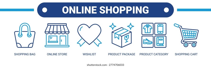 Online Shopping web banner icon vector illustration concept with icons of shopping bag, online store, wishlist, product package, product category, and shopping cart.