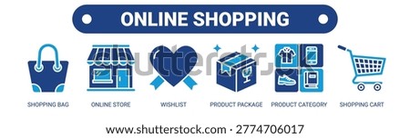 Online Shopping web banner icon vector illustration concept with icons of shopping bag, online store, wishlist, product package, product category, and shopping cart.