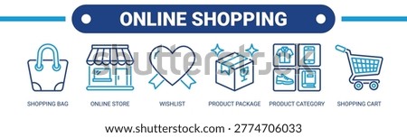 Online Shopping web banner icon vector illustration concept with icons of shopping bag, online store, wishlist, product package, product category, and shopping cart.