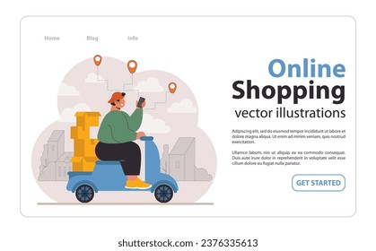 Online shopping web banner or landing page. Online store or marketplace delivery service. Courier in uniform with purchases on a moped driving to a gps spot. Flat vector illustration