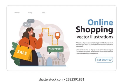 Online shopping web banner or landing page. Female customer receiving parcel at pick-up point. Woman with purchased goods on a marketplace. Shipping or delivery service. Flat vector illustration