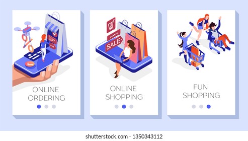 Online shopping web banner, Ordering online templates, concept vector isometric illustration flat design. Fun shopping mobile app