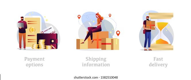 Online shopping web banners set. Internet store purchase e paying. Order shipment. Payment options, shipping information, delivery metaphors. Vector isolated concept metaphor illustrations