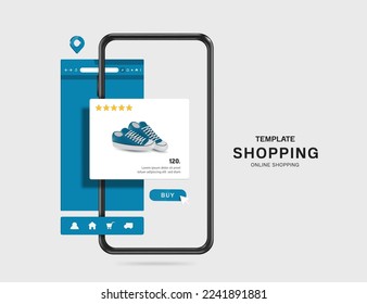 Online-Shopping-Web-Browser-Vorlage in blauen Tönen mit Sneaker-Beispielprodukten auf Smartphone-Bildschirm, Vektor 3D einzeln für E-Commerce, Lieferung und Online-Shopping-Werbung Design