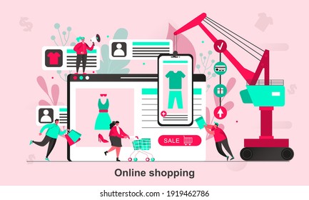 Diseño web de compras en línea de estilo plano. Clientes con bolsas de compras visualizando el escenario. Publicidad en tiendas de ropa en línea. Ilustración vectorial con personajes diminutos en situación de vida.