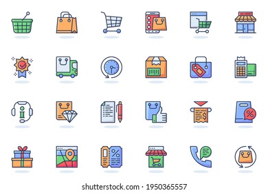 Icono de línea plana de compras en línea. Pictograma de esquema de paquete de paquetes, aplicación móvil, tienda, regalo, venta, dinero, cupón, pago, concepto de descuento. Ilustración vectorial del paquete de iconos para el diseño de sitios web