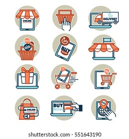 Online shopping web icons set. Internet shop business symbols: money and card, sale and buy, cart and gift, payment and delivery. E-commerce flat vector illustrations for design, isolated on white