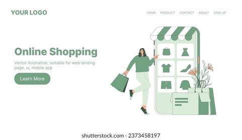 Online Shopping. Web Landing Page Design. Flat Cartoon Vector Illustration.