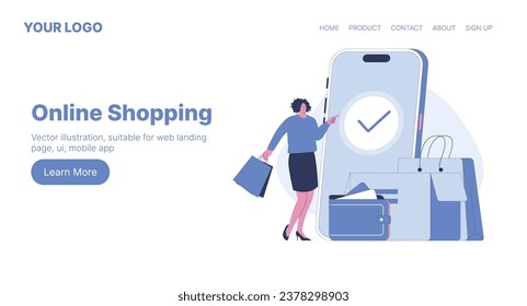 Online Shopping. Web Landing Page Design. Flat Cartoon Vector Illustration.