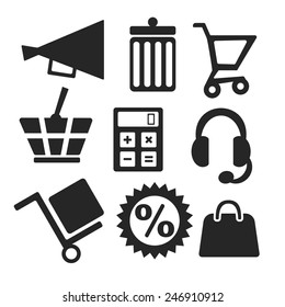 Online shopping web and mobile logo icons isolated on white. Vector symbols of basket, cart, bin, speaker, calculator, headset, dolly, discount, handbag
