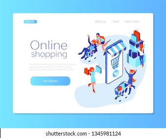 Online shopping. Web page design template. People around intertnet store. Mobile shop. Happy me and women with shoppig cart. Isometric flat 3d illustration for web page or web banner