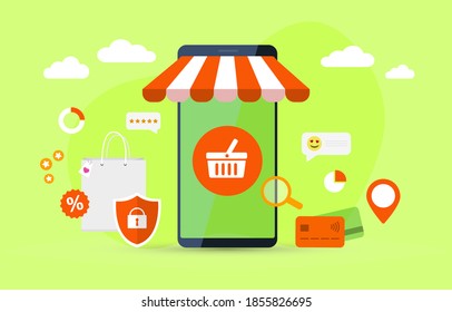 Compras en línea en tienda web o webshop con smartphone. Marketing móvil, concepto de marketing electrónico. Compra digital de comercio electrónico con pedido, pago seguro de tarjeta, entrega de casa y comentarios felices.