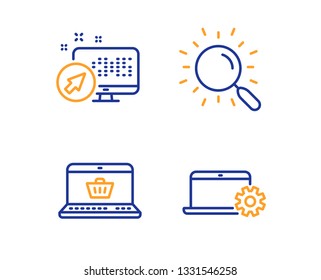 Online shopping, Web system and Search icons simple set. Notebook service sign. Notebook with shopping cart, Computer, Find document. Computer repair. Technology set. Linear online shopping icon