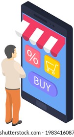 Online shopping web technologies concept. Man standing next to big smartphone in form of trade kiosk. Buyer selects products on touchscreen with application, clicks buttons on website of online store