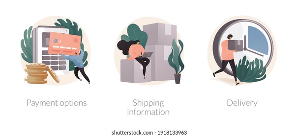 Sitio web de compras en línea conjunto abstracto concepto de ilustración vectorial. Opciones de pago, información de envío, servicio de entrega, carrito de compras, tarjeta de crédito, procesamiento de pedidos, metáfora abstracta de correo exprés.