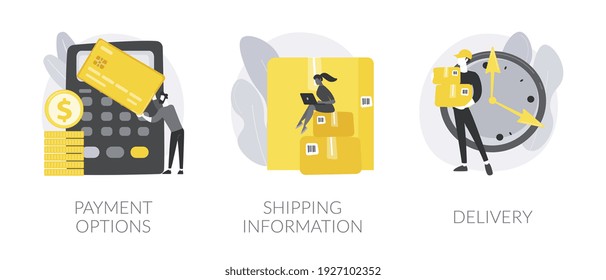 Online shopping website abstract concept vector illustration set. Payment options, shipping information, delivery service, shopping cart, credit card, order processing, express mail abstract metaphor.