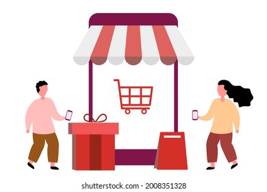 Concepto de sitio web de compras en línea, plantilla de sitio web de compras en línea con antecedentes blancos.