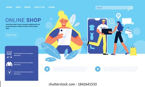 Online shopping website design with doodle images human characters clickable links search buttons and editable text vector illustration