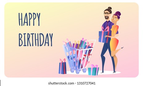 Online Shopping Website Design Element Template. Happy Birthday Gift. Man and Woman near Cart. E-Commerce Development Web Banner. Internet, Digital Marketing Flat Illustration. Greeting Card Concept