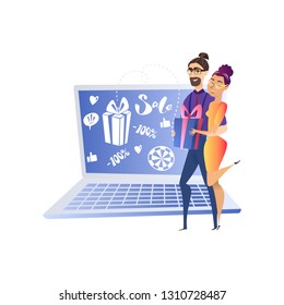 Online Shopping Website Design Element Template. Sales Discounts and Benefits. Man and Woman with Present nearby Laptop Illustration. Customer Bonuses Concept. Online Store Web Banner