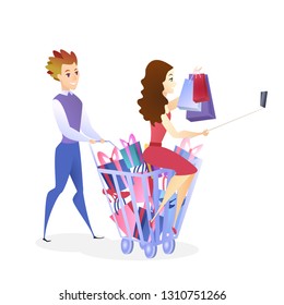 Online Shopping Website Design Element Template. Couple Buying Presents. Woman Making Selfie. Customer Satisfaction Concept. Happy Clients Illustration. Online Store Web Banner Concept
