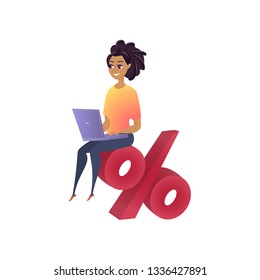 Online Shopping Website Design Element Template. Loyalty Program Concept. Woman Sitting on Percentage. Increasing Bonuses Illustration. Customer Benefits. Online Store Web Banner Concept