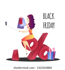 Online Shopping Website Element Template. Black Friday Sale Flat Illustration. Woman Sitting on Percentage. Selfie with Purchases Concept. Bonuses and Discounts. Online Shop Web Banner
