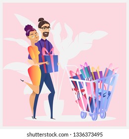 Online Shopping Website Element Template. E-Commerce Development. Couple with Gifts Illustration. Customer Loyalty Program Concept. Happy and Satisfied Clients. Online Store Web Banner
