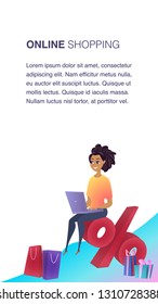 Online Shopping Website Element Vector Template. E-payment Flat Illustration. Woman with Laptop Sitting on Percentage. Customer Loyalty. Client Benefits Concept. Online Store Web Banner Concept