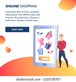 Online Shopping Website Element Vector Template. Internet Marketing, E-Payment Illustration. Man Holding Smartphone. Advertising Campaign. Gifts and Purchases. Online Store Web Banner Concept