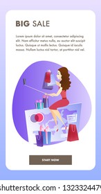 Online Shopping Website Element Vector Template. Big Sale Flat Illustration. Satisfied Client Concept. Woman with Presents Making Selfie. Video Purchase Review. Online Shop Web Banner