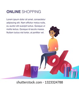 Online Shopping Website Element Vector Template. Customer Benefits Illustration. Woman Making Items Ordering. Loyalty Program Concept. Satisfied Client. Online Store Web Banner Concept