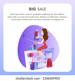 Online Shopping Website Element Vector Template. Big Sale Flat Illustration. Woman Streaming Video Review. Customer Loyalty Program. Satisfied Client with Gifts. Online Shop Web Banner