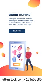 Online Shopping Website Element Vector Template. Ad Strategy. Internet Marketing, E-Payment Flat Landing Page. Man Holding Smartphone with Gifts Illustration. Online Store Web Banner Concept