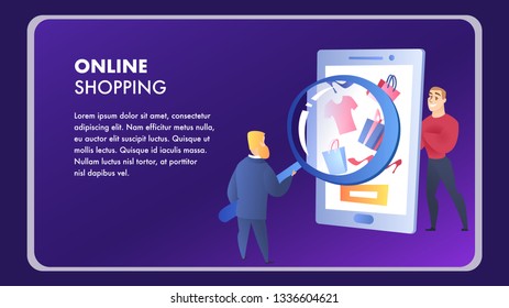 Online Shopping Website Element Vector Template. E-Commerce Flat Landing Page. Advertising Strategy. Man Searching Items. Internet Marketing, E-Payment Illustration. Online Store Web Banner Concept