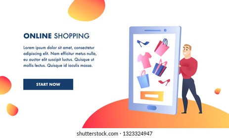 Online Shopping Website Flat Vector Color Template. E-Commerce Landing Page. Internet, Digital Marketing Illustration. Advertising Strategy. Gifts and Purchases. Online Store Web Banner