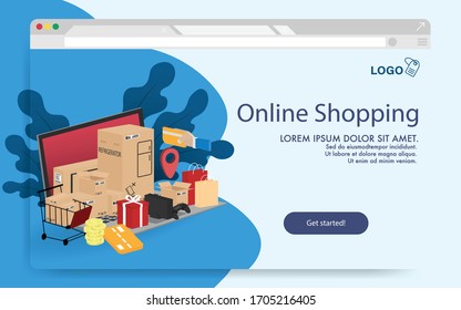 Online shopping Website landing page. Laptop with ,,many boxes of stuff from online shopping delivery direct to home.