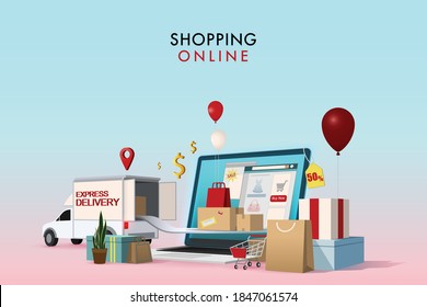 Online Shopping Website, Online Market, Purchase Order, Delivery Order, Express Delivery, Online Payment, Shopping bags and boxes, Shopping cart, Sale Online Vector Illustration Perspective Background