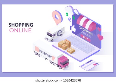 Online Shopping for website and mobile website.Landing page template.Modern flat design isometric concept