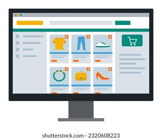 Sitio web de compras en línea en la pantalla del ordenador: concepto de comercio electrónico y entrega